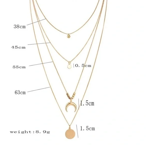 Moon/Disc Pendant, Multi-layer Necklace; Gold - Picture 5 of 10
